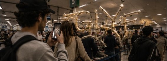 Someone holds up a phone to photograph a glowing 3D 'GLYF' sculpture anchored above a busy supermarket checkout line.
